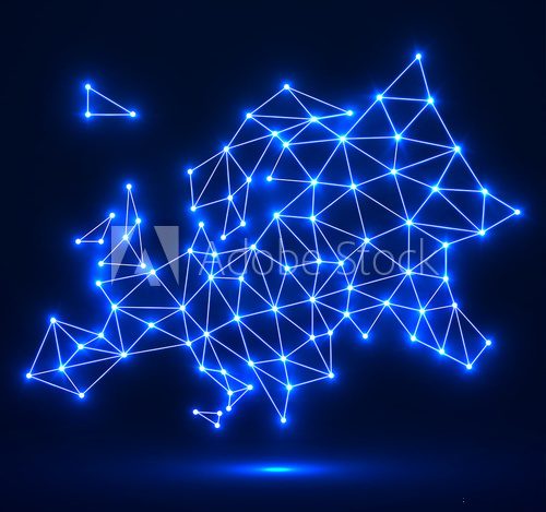 Fototapeta Polygonal map of Europe with glowing dots and lines, network connections