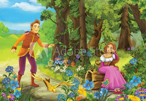 Fototapeta Prince and princes in the forest - romantic scene - image for different fairy tales - illustration for the children