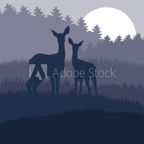 Fototapeta Rain deer family in wild night forest foliage illustration