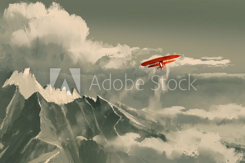 Fototapeta red biplane flying over mountain,illustration,digital painting