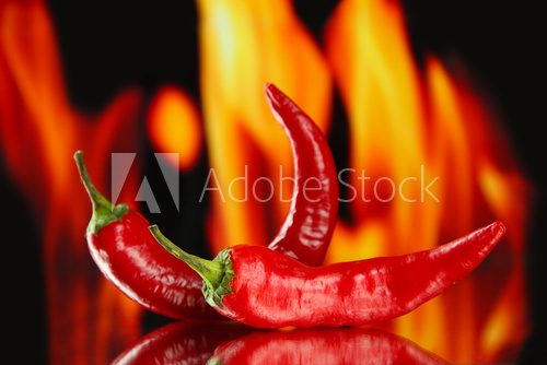 Fototapeta Red hot chili peppers on fire background