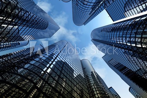 Fototapeta Reflective skyscrapers, business office buildings.
