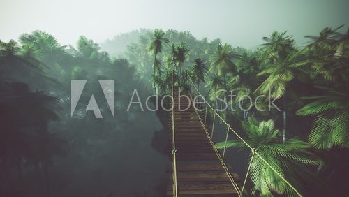 Fototapeta Rope bridge in misty jungle with palms. Backlit.