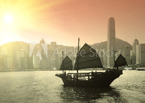 Fototapeta Sailing Victoria Harbor in Hong Kong
