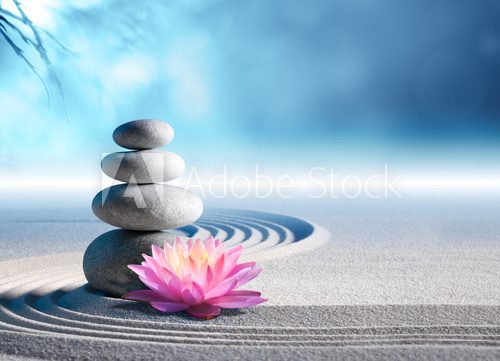 Fototapeta sand, lily and spa stones in zen garden