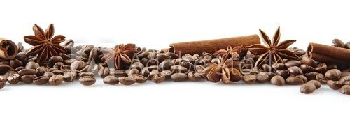 Fototapeta Scattered coffee beans in line on white