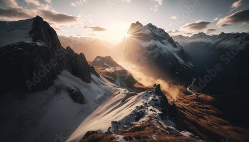 Fototapeta scenic sunrise in the high mountains of the alpes, Generative AI