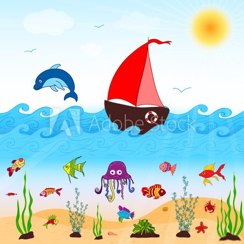 Fototapeta sea and fishes coloring pages for kids