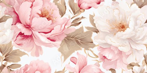 Fototapeta Seamless boho floral pattern with pink peony flowers. Retro collage pattern. Contemporary print for wedding stationary, greetings, wallpapers, fashion, backgrounds, textures, DIY, wrappers, cards