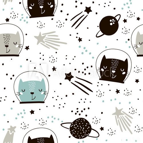 Fototapeta Seamless childish pattern with cute cats astronauts. Creative nursery background. Perfect for kids design, fabric, wrapping, wallpaper, textile, apparel
