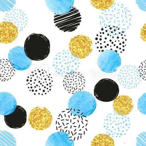 Fototapeta Seamless dotted pattern with blue, black and golden circles. Vector abstract background with round shapes.