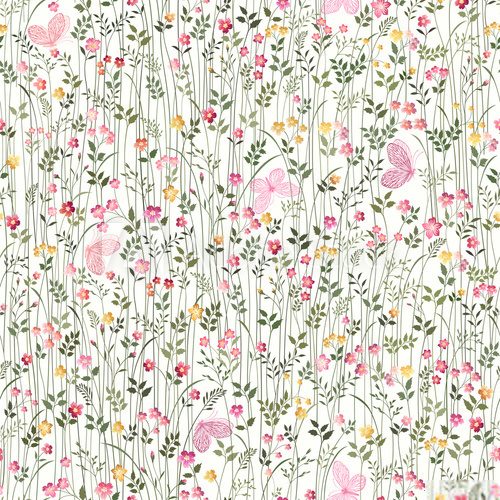 Fototapeta seamless floral pattern with meadow flowers and  butterflies on white background