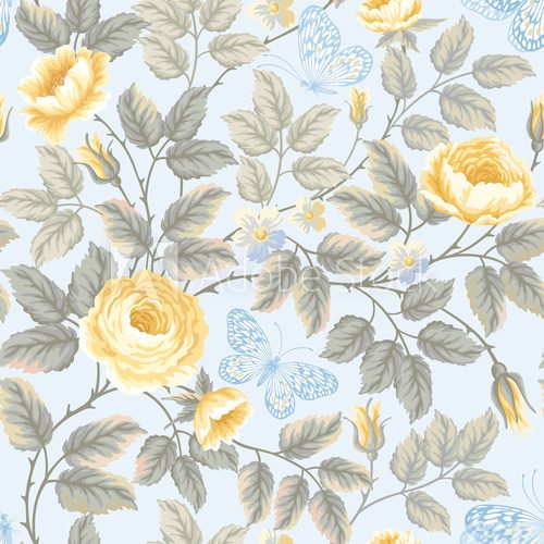 Fototapeta seamless floral pattern with roses and butterflies on blue backg