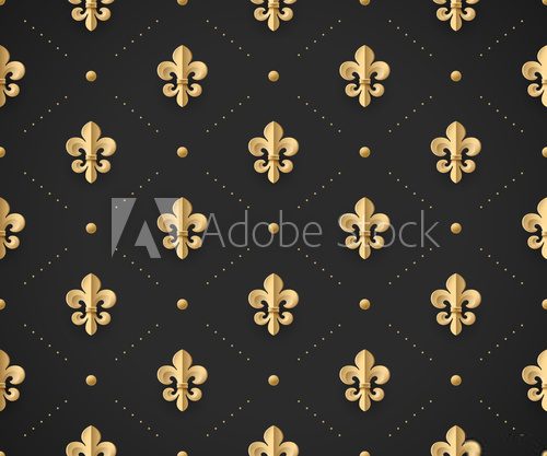 Fototapeta Seamless gold pattern with fleur-de-lys on a dark black background. Vector Illustration.
