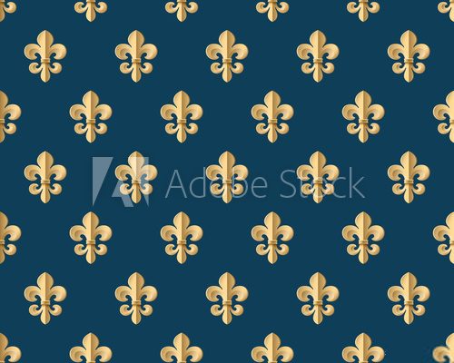 Fototapeta Seamless gold pattern with fleur-de-lys on a dark blue background. Vector Illustration.