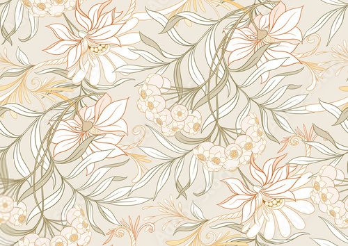 Fototapeta Seamless pattern, background with decorative flowers in art nouveau style, vintage, old, retro style. Vector illustration.