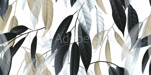 Fototapeta Seamless pattern, black, golden and white long leaves on light grey background