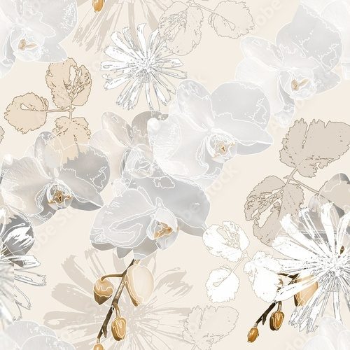 Fototapeta Seamless pattern. Gray orchids and white daisies on a pale pink background.