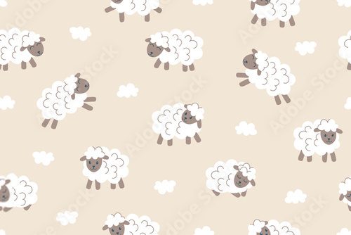 Fototapeta Seamless pattern of sheep on a beige background. Farm animals. Vector hand drawn illustration.