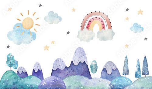 Fototapeta seamless pattern winter landscape, trees, mountains, clouds and stars watercolor childrens illustration on a white background, nursery room decor, print