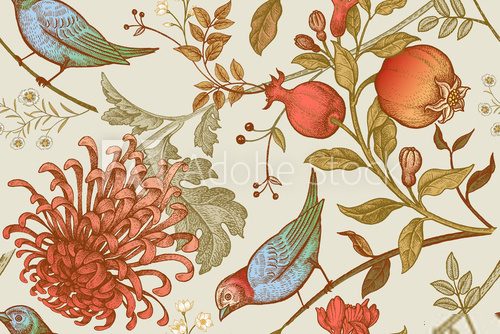 Fototapeta Seamless pattern with chrysantemums, pomegranates and birds.