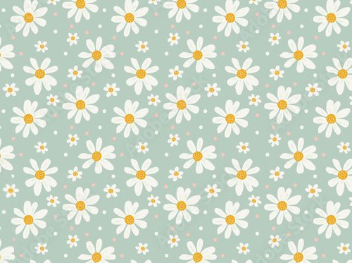 Fototapeta Seamless pattern with daisies. Vector background with white daisies on a blue background drawn by hand. Suitable for printing on paper, fabric surfaces. Summer print for clothes.