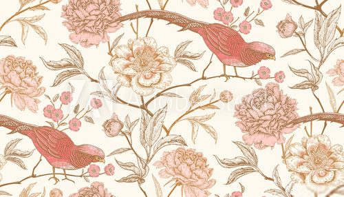 Fototapeta Seamless pattern with exotic bird pheasants and peony flowers.