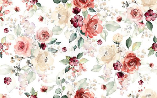 Fototapeta Seamless pattern with flowers and leaves. Hand drawn background.  floral pattern for wallpaper or fabric. Flower rose. Botanic Tile.