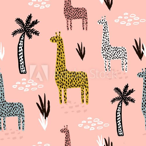 Fototapeta Seamless pattern with giraffe, palm tree, hand drawn shapes and textures. African texture for fabric, textile. Vector background