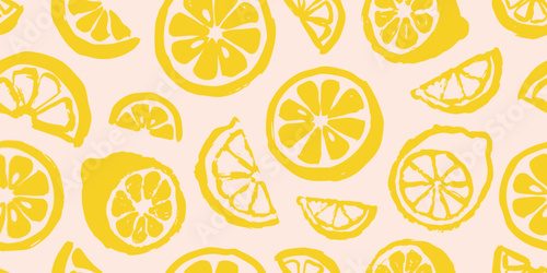Fototapeta Seamless pattern with hand drawn lemons in a sketchy brush style. Vibrant yellow and cream colors for fresh summer textiles, wrapping paper or packaging design, vector illustration