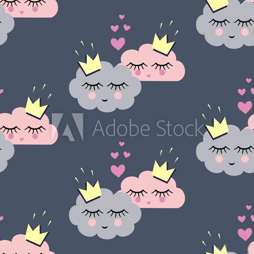 Fototapeta Seamless pattern with smiling sleeping clouds in love for holidays. Unusual design for Valentines Day. Child drawing style. Vector illustration. Love concept background