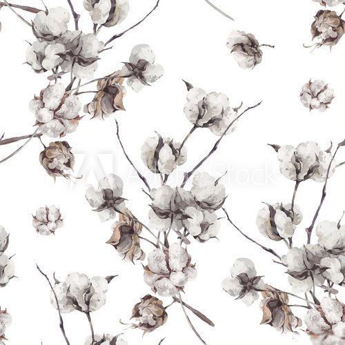 Fototapeta Seamless pattern with twigs and cotton flowers.