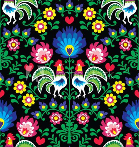 Fototapeta Seamless Polish folk art pattern with roosters - Wzory Lowickie, Wycinanka