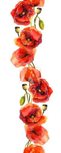 Fototapeta Seamless retro floral pattern - vertical stripe frame with vintage red poppy flowers. Watercolor hand painted drawing 