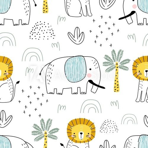 Fototapeta Seamless safari pattern with lion cub and elephant, cactus and palm trees on white background. Vector illustration for printing on packaging paper, fabric, postcard, clothing.