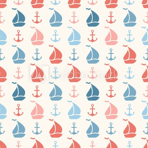 Fototapeta Seamless vector pattern of anchor, sailboat shape and line