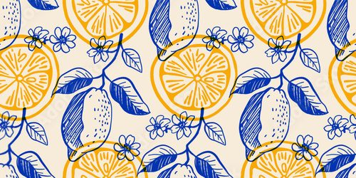 Fototapeta Seamless vector pattern with hand drawn lemons, lemon slices, flowers, and leaves in ink sketch style. Elegant Mediterranean fruit design in yellow and blue for textiles, wrapping paper, kitchen