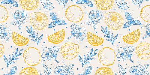 Fototapeta Seamless vector pattern with hand-drawn lemons, slices, blossoms, and leaves in blue and yellow ink. Fresh Mediterranean feel, perfect for textiles, packaging, and summer-themed projects.