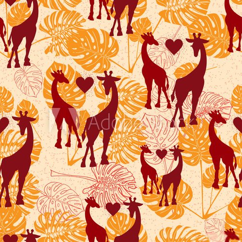 Fototapeta Seamless vintage pattern with giraffe  and monstera lives