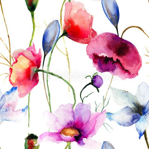 Fototapeta Seamless wallpaper with wild flowers