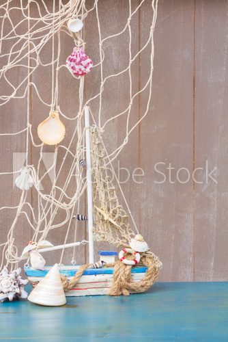 Fototapeta Seashells,  starfish and boat  with copy space