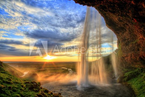 Fototapeta Seljalandfoss waterfall at sunset in HDR, Iceland