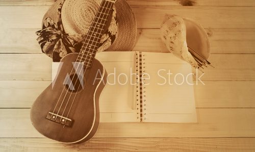 Fototapeta Sepia vintage style ukulele on blank note book and summer hat