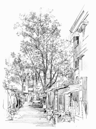 Fototapeta sketch of narrow street with old buildings in China