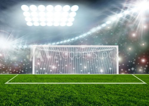 Fototapeta Soccer ball on green stadium arena