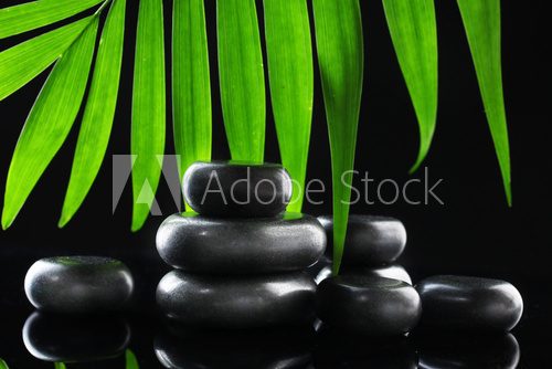 Fototapeta Spa stones and green palm leaf on black background