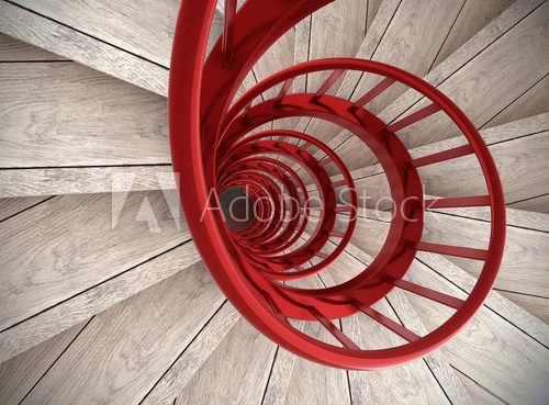 Fototapeta Spiral stairs with red balustrade
