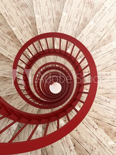 Fototapeta Spiral stairs with red balustrade