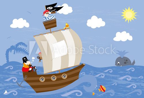 Fototapeta statek piracki, papuga i piraci na pokÅadzie, wieloryb, wyspa, fale w tle