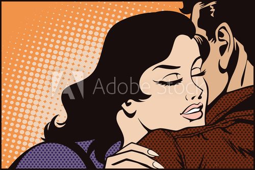 Fototapeta Stock illustration. People in retro style pop art and vintage advertising. Kissing couple.